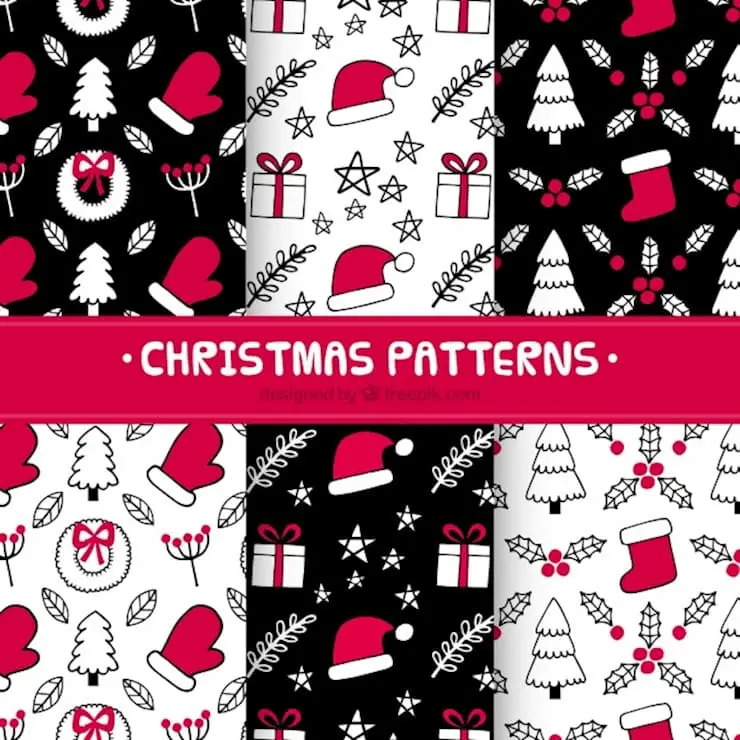 hand drawn christmas patterns in red and black