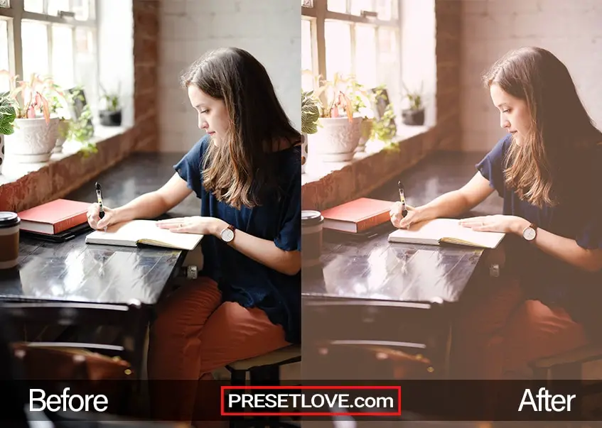 A vintage photo of a girl writing at a desk