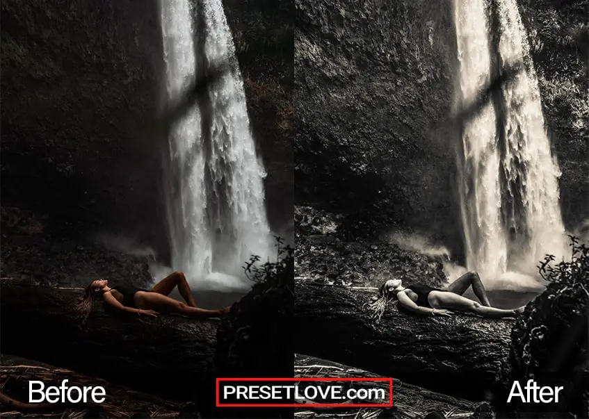 A dim infrared photo of a woman lying down on by a waterfall