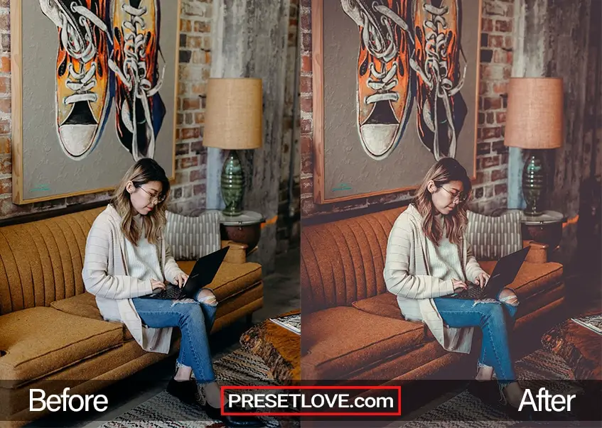 A warm film photo of a woman sitting on a couch while working