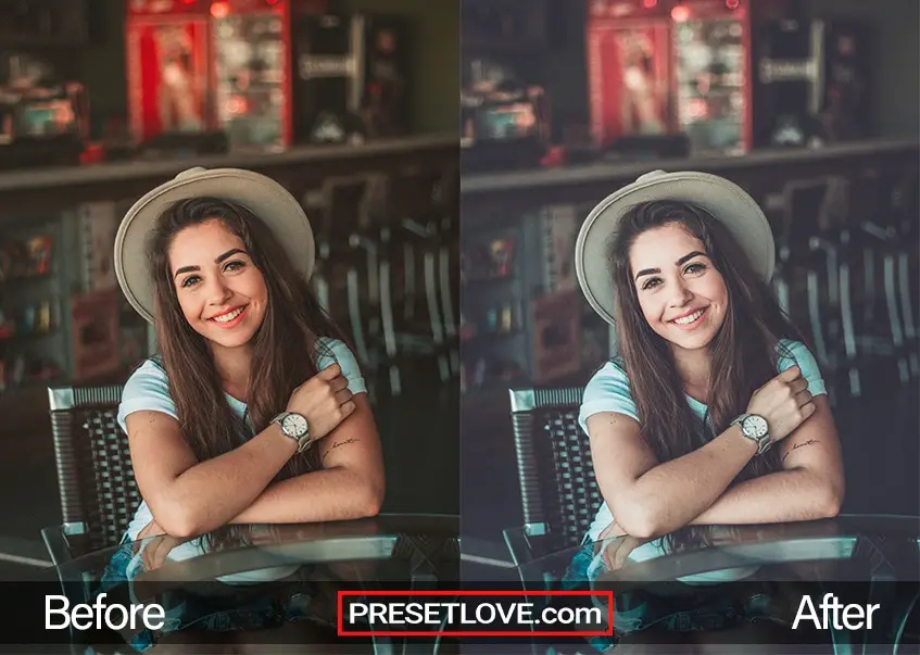 An indoor portrait of a woman with a cool blue hue