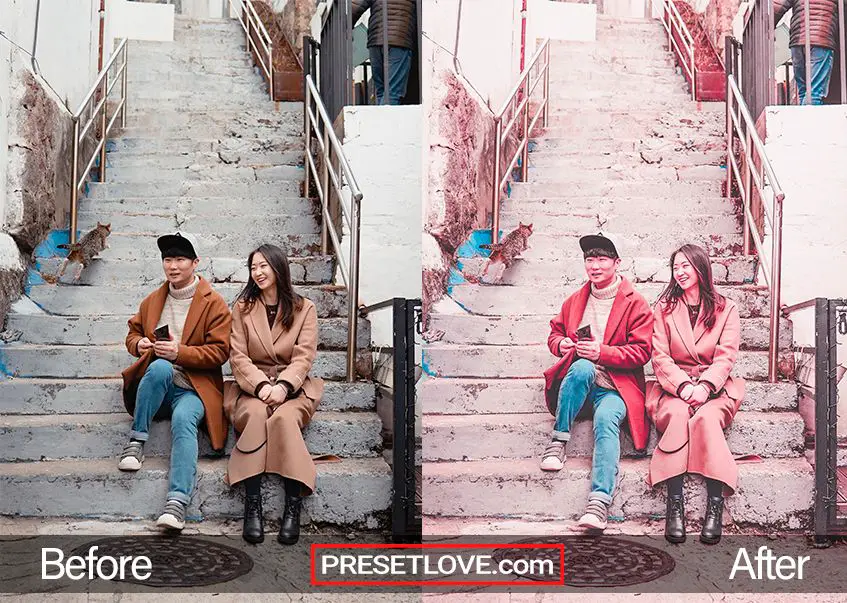 Matte Pink Preset: A matte pink photo of a couple sitting on the steps